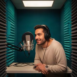 防音ブースでマイクに向かって話す音声ポッドキャスト収録